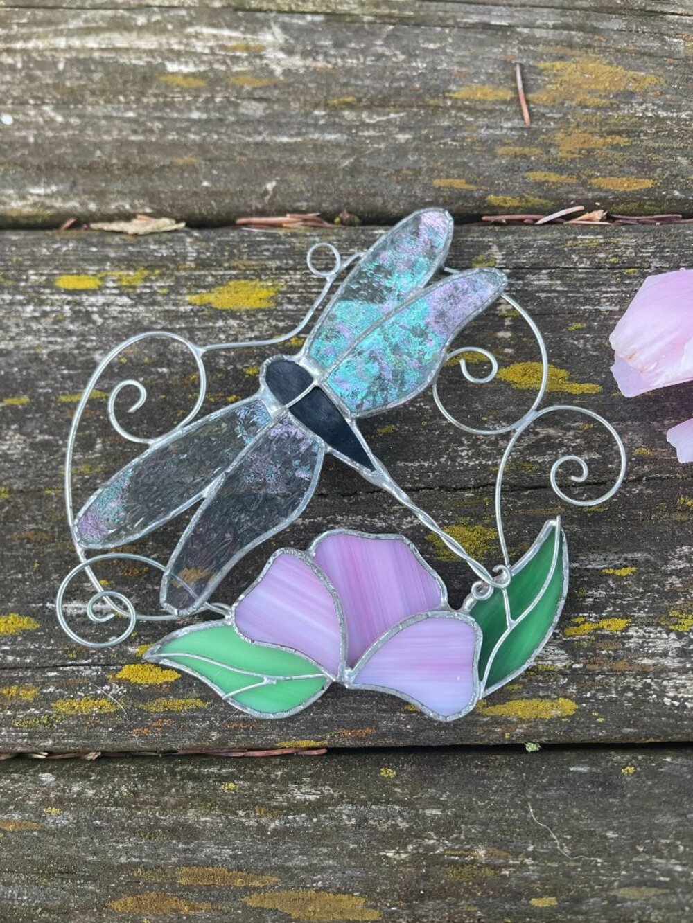 Vintage Stained Glass Dragonfly Floral Window Sun Catcher